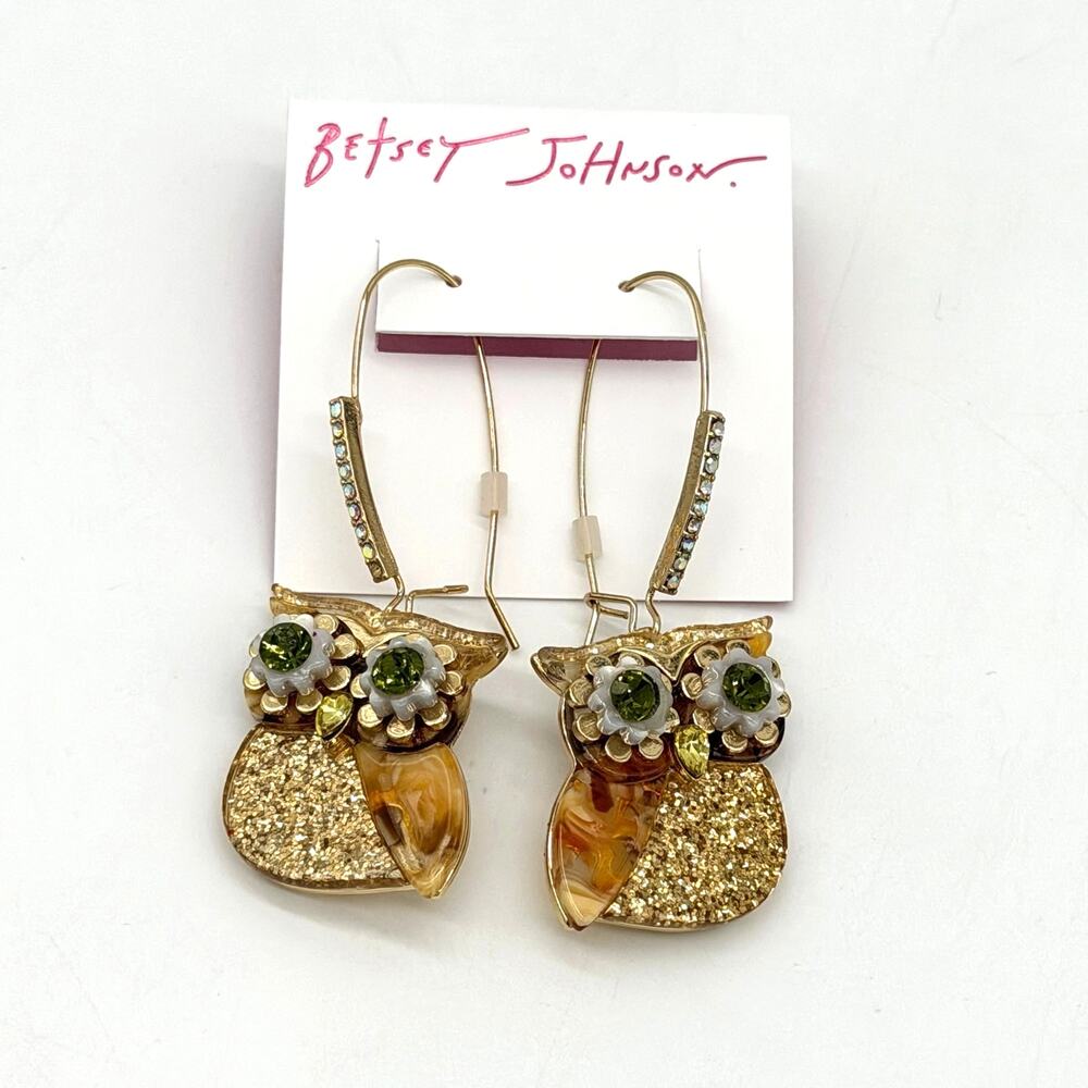 Betsey Johnson Crystal Owl Shepard Hook Earrings Fall NEW